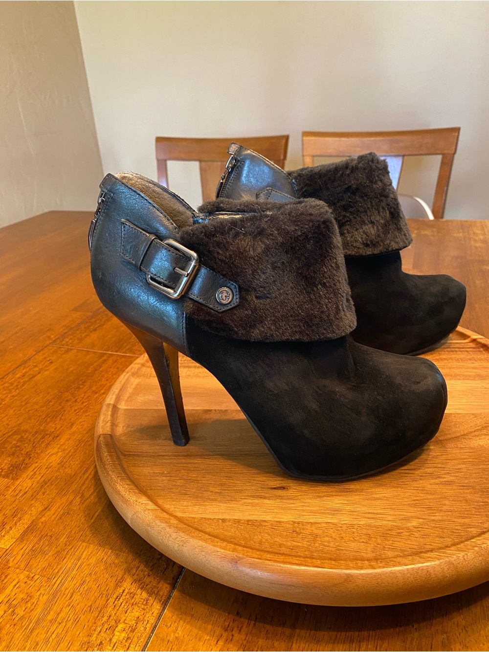 Guess Black Suede With Faux Fur 5” Platform Stiletto Booties Size 8.5